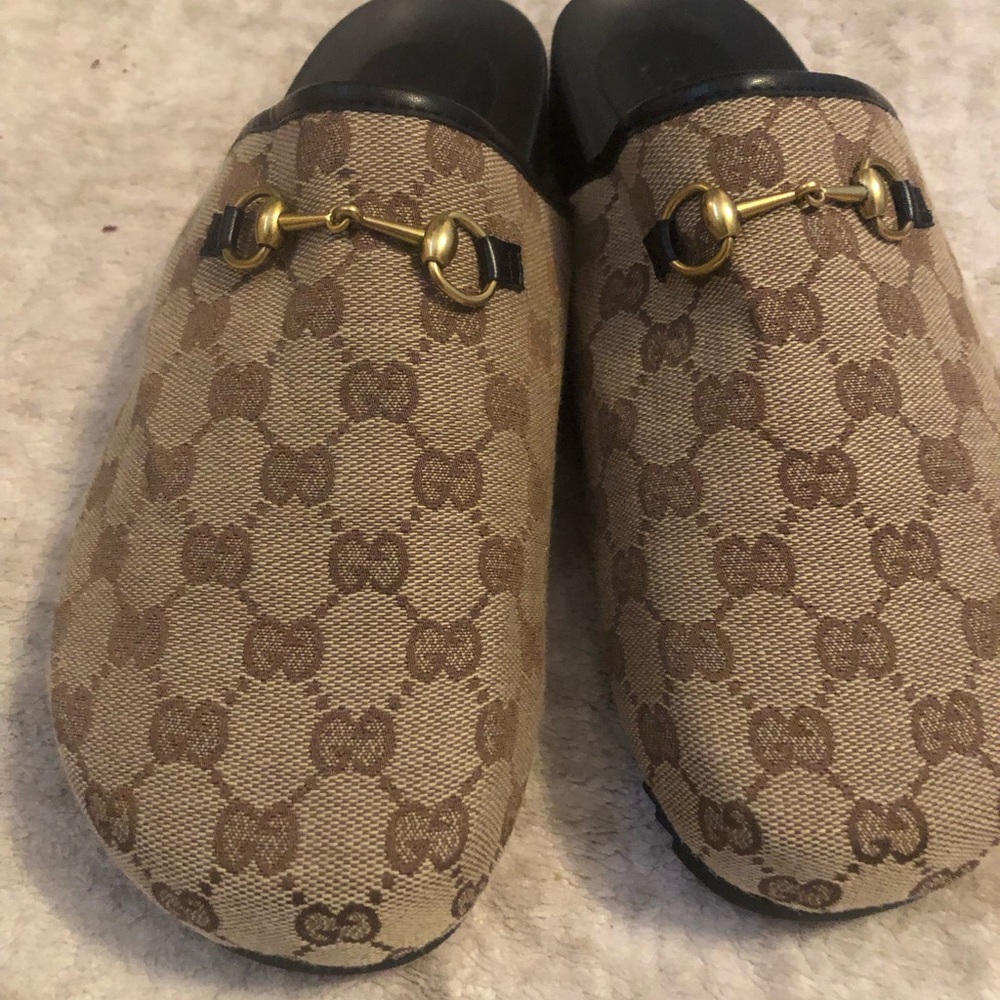 Gucci Beige and Brown Mules with Gold Detail